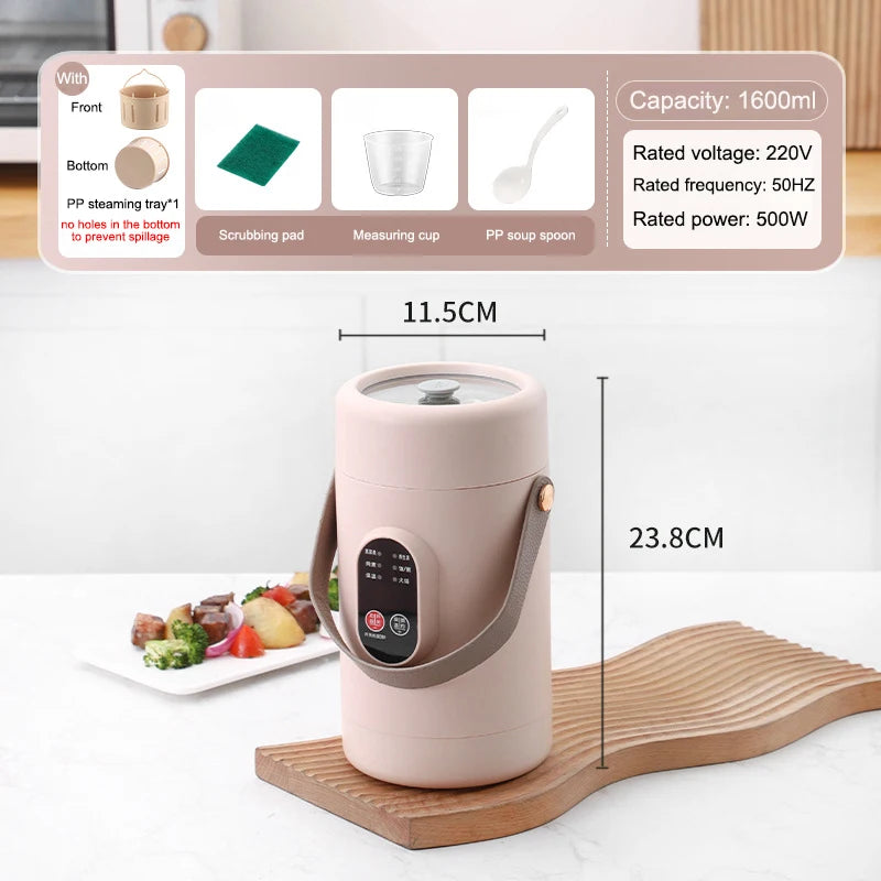 110V/220V Portable Slow Cooker Rice Cooking Lunch Box 1.6L Electric Stew Cup Hot Pot Food Steamer Soup Noodles Skillet Heater