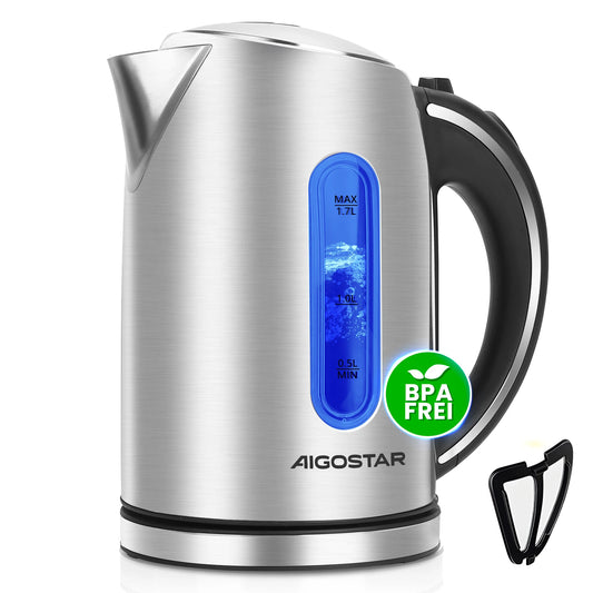 Aigostar King - Stainless Steel Electric Kettle, Electric Kettle with Led Lighting, 1,7 L, 2200W, BPA Free Electric Kettle, Remo