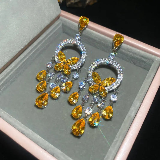Creative Round Butterfly Earrings for Women Sparkling Rhinestone Water Drop Tassel Earring Elegant Fashion Jewelry Dress Gift C1