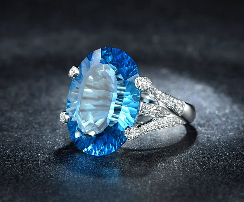 2023 New Fashion 925 Silver Luxury Quality Blue Topaz Band Ring for Women Upscale Anniversary White Gold Plated Finger Jewelry