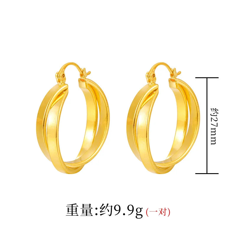 Stylish Double Hoop Earrings Women's 24K Gold AU999 - Minimalist double hoops, trendy, women's 24K gold style