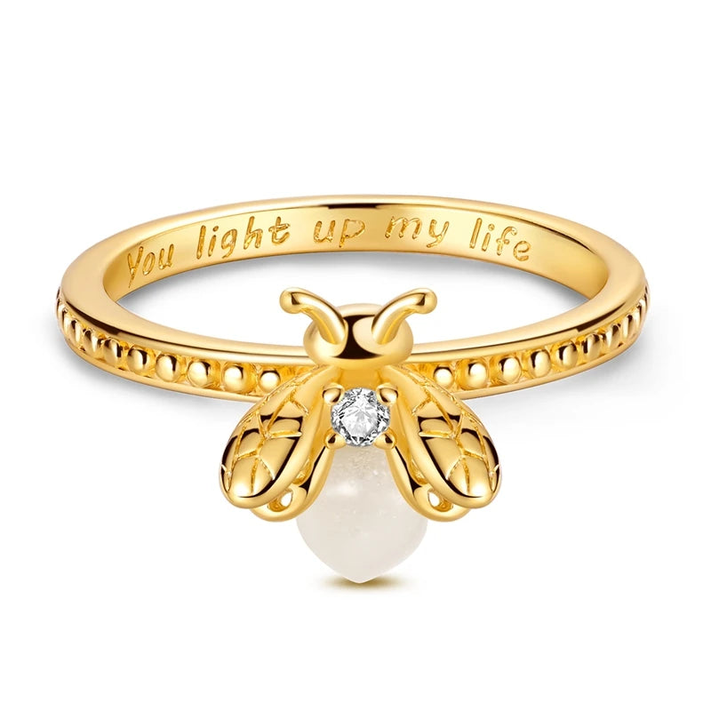 Original 925 Sterling Silver Sparkling Gold Plated Star Firefly Moon Ring For Women Girls Jewelry Birthday Anniversary Gifts