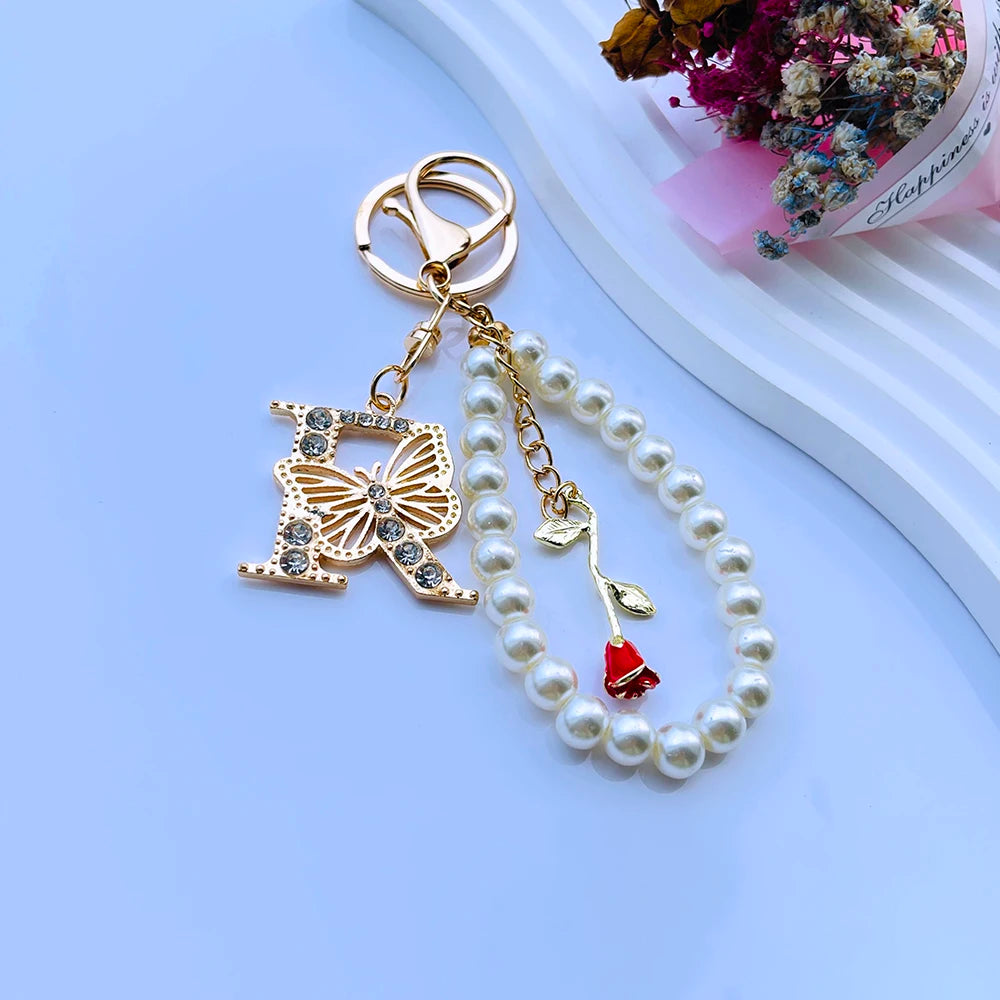 Exquisite Initial A-Z 26 Butterfly Capital Letters Red Rose Keyring Crystal Resin Pearl Beaded Keychain Bag Pendant Women Gift