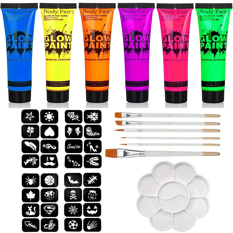 6PCS 25ml Fluorescent Paint Glow In The Dark Light Body Paint Face Painting for Party Halloween Event Makeup Club Makeup Xmas Gl