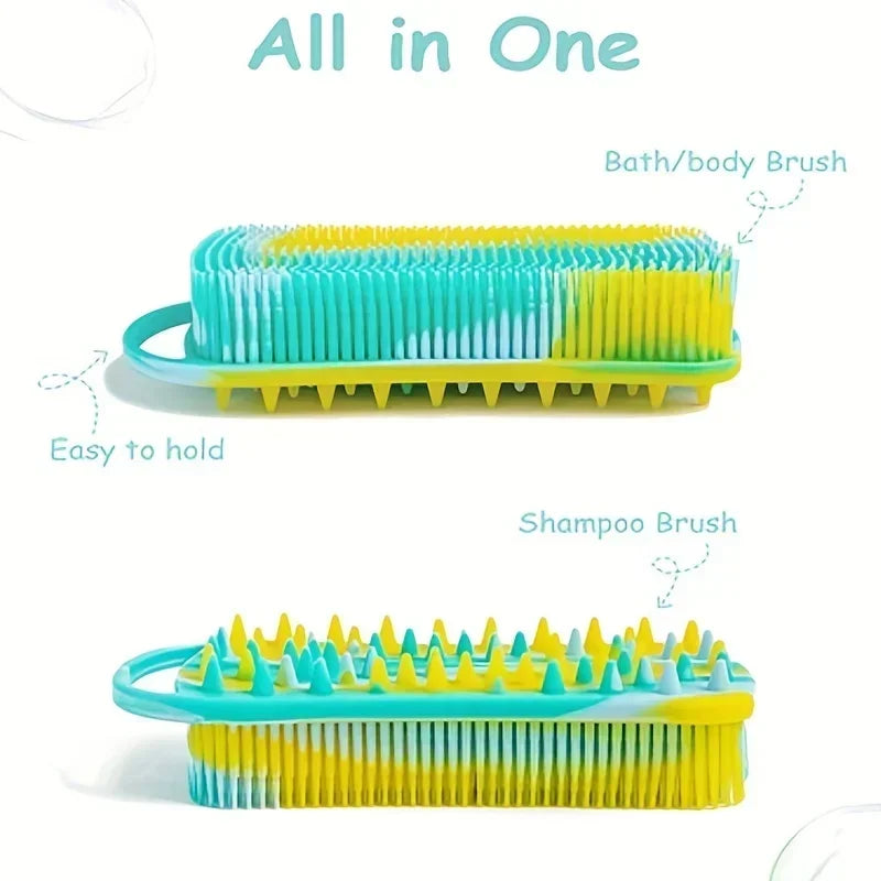 2 in 1 Silicone Shower Brush Scrubber Double-Sided Soft Silicone Scalp Massager Shampoo Body Bath Brushes Foam Skin Clean Tools
