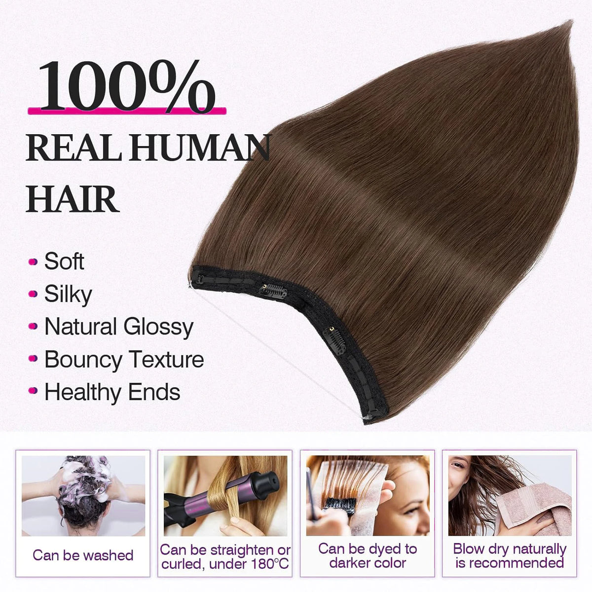 Straight Chocolate Brown Halo Hair Extensions Invisible Wire Human Hair Extensions With Clips #2 100G/Pc Clip In Hair Extensions