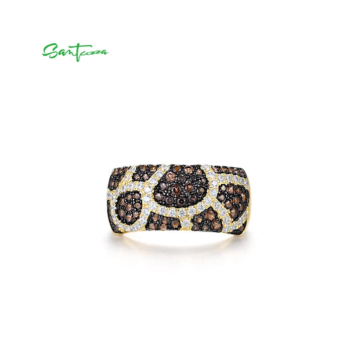SANTUZZA Genuine 925 Sterling Silver Rings For Women Sparkling Brown Spinel White CZ Leopard Print Elegant Gift Fine Jewelry