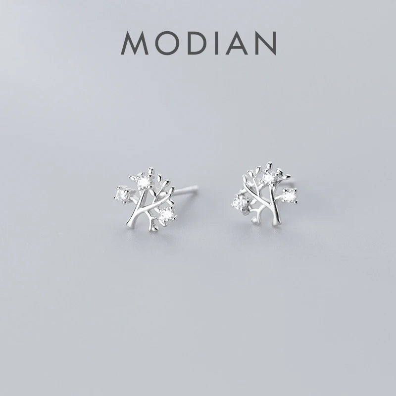 MODIAN Dazzling Clear CZ Lovely Tiny Tree Branch Stud Earring for Women 925 Sterling Silver Plant Ear Pin Fine Jewelry Brincos