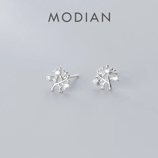 MODIAN Dazzling Clear CZ Lovely Tiny Tree Branch Stud Earring for Women 925 Sterling Silver Plant Ear Pin Fine Jewelry Brincos