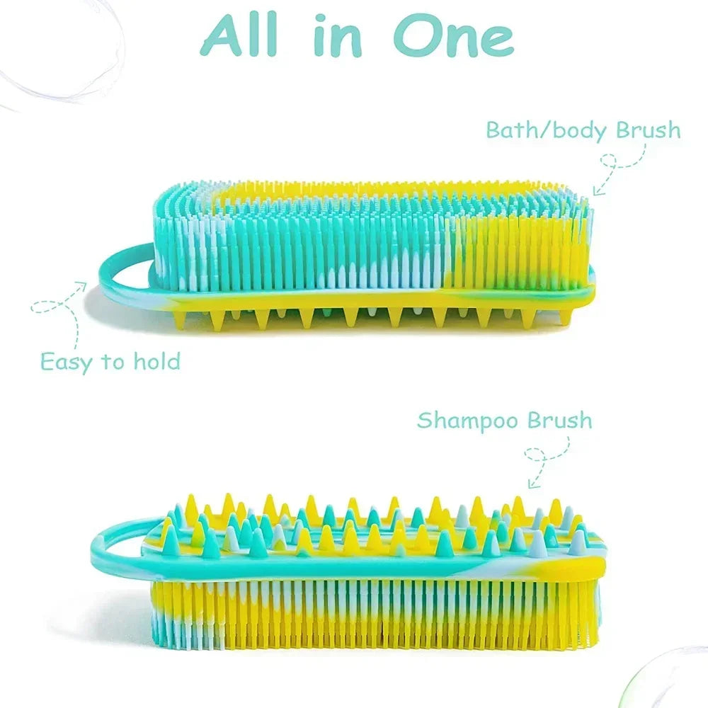 2 in 1 Silicone Shower Brush Scrubber Double-Sided Soft Silicone Scalp Massager Shampoo Body Bath Brushes Foam Skin Clean Tools