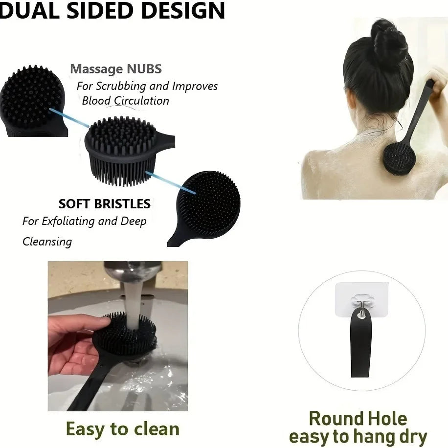 Silicone Back Scrubber Brush for Shower  Long Handle Body Deep Cleansing and Exfoliating Massage Double-Sided Soft Bristles