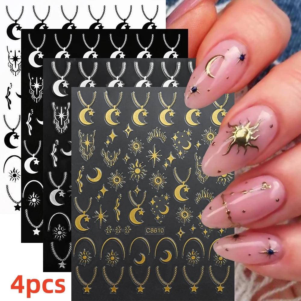 7pcs/Set Bronzing Gold/Silver Nail Art Sticker Sun Stars Moon Design Nail Decals 8*10CM Laser Bohemia Self-Adhesive Slider NLS