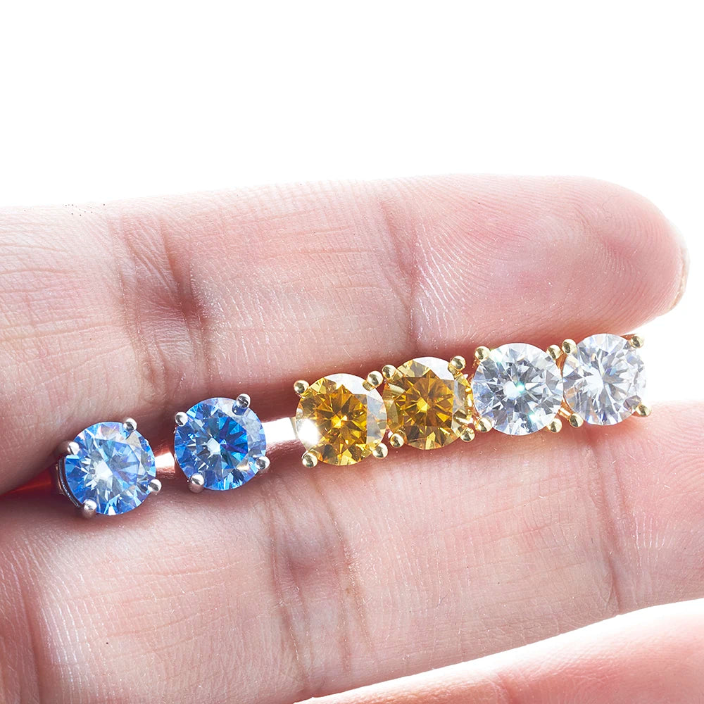 925 Sterling Silver Stud Earrings Round Brilliant Cut VVS1 White/Pink/Yellow Moissanite Test Passed Diamond for Women  Gift