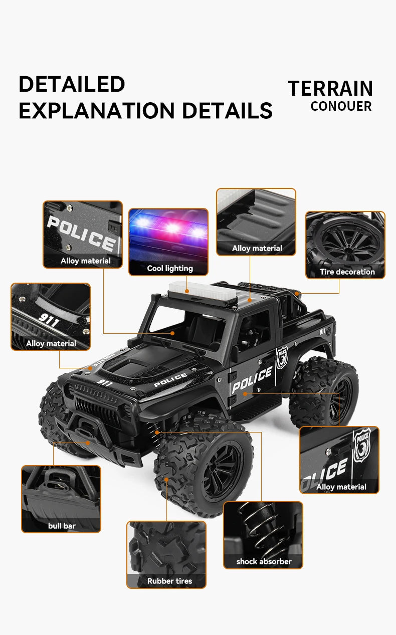 1:16 Alloy High Speed Off-Road Police Truck RC Car with Music Sound and LED Lights Outdoor Toy 2.4G Remote Control Cars