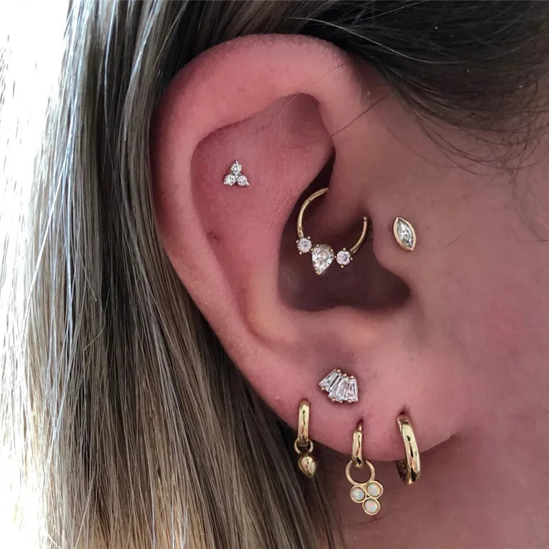 Glowshe 925 Sterling Silver Zircon Geometric Cartilage Piercing Hoop Earrings 1PCS Hip-hop Party Creative Jewelry Nose Rings