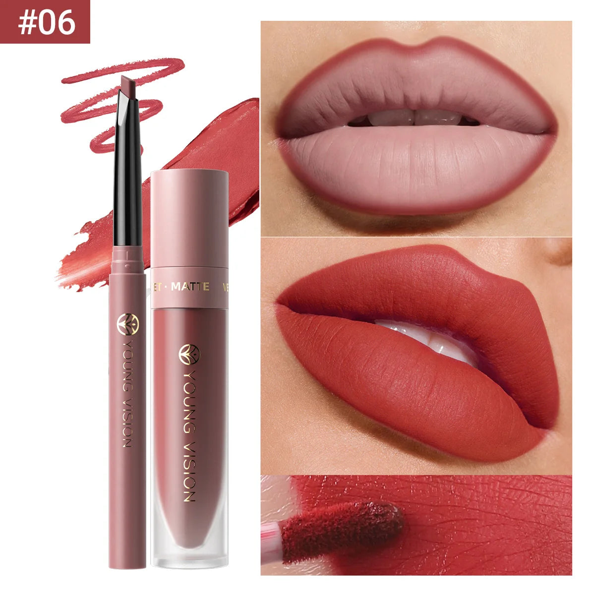 2Pcs Lip Gloss and Lip Liner Set, Matte Finish Non-Stick Cup Long-Lasting Lip Color and Liner Combo, Perfect for Defined Lips