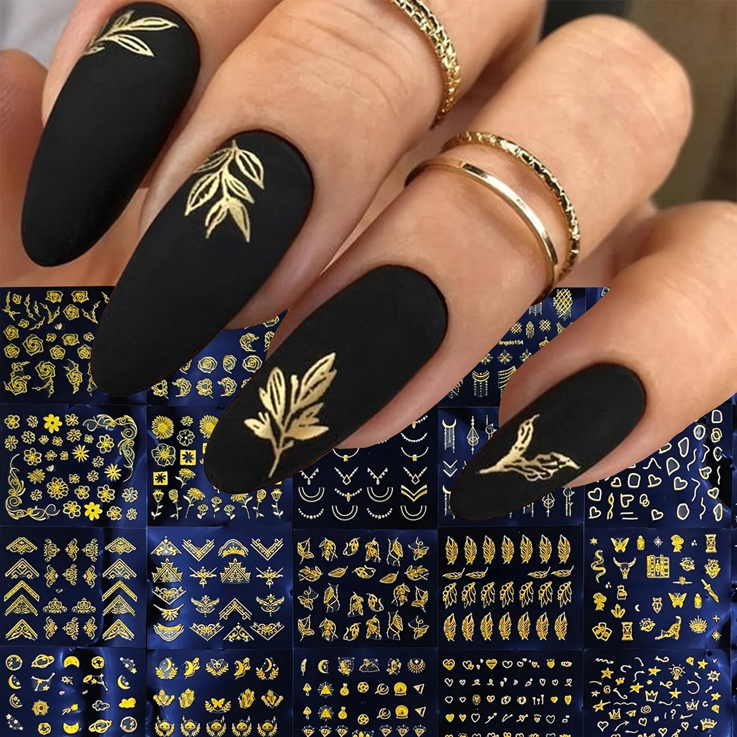 30 Sheets Golden Floral Nail Art Stickers - 3D Self-Adhesive Shimmering Leaf & Flower Designs for DIY Manicure
