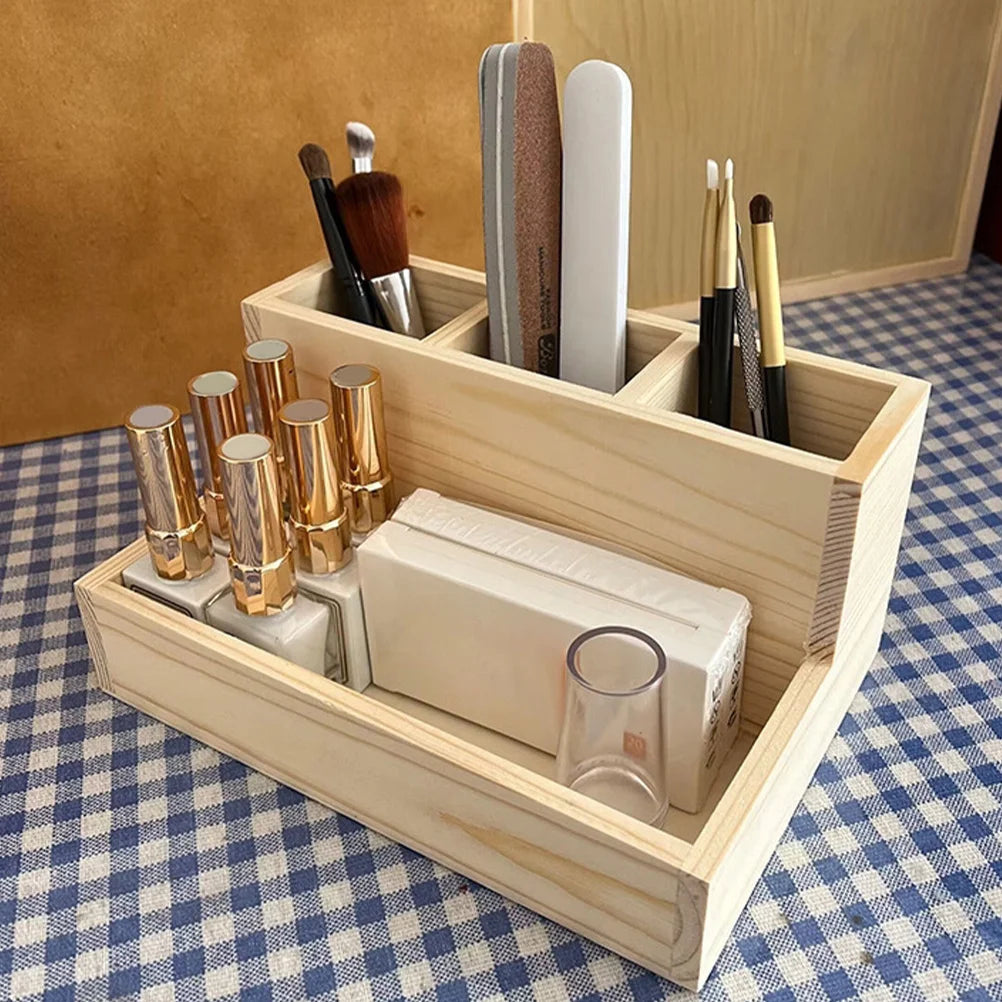 Wooden Makeup Organizer Desktop Storage Box Multi-Grid Cosmetics Storage Holder Stationery Organizer for Home Office Bedroom