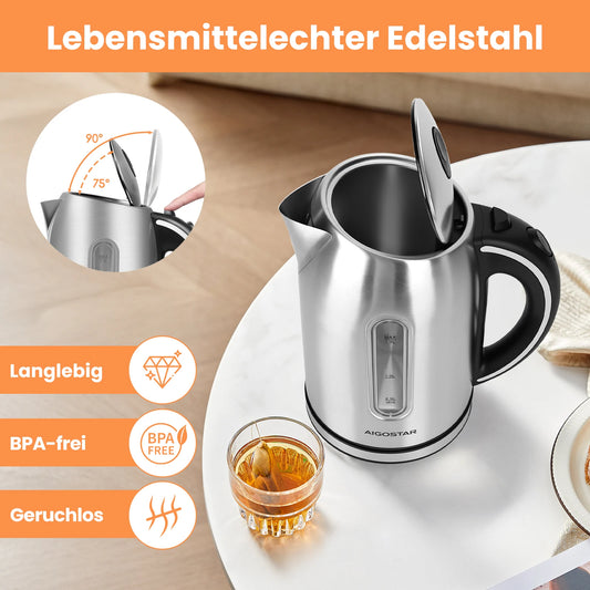 Aigostar King - Stainless Steel Electric Kettle, Electric Kettle with Led Lighting, 1,7 L, 2200W, BPA Free Electric Kettle, Remo