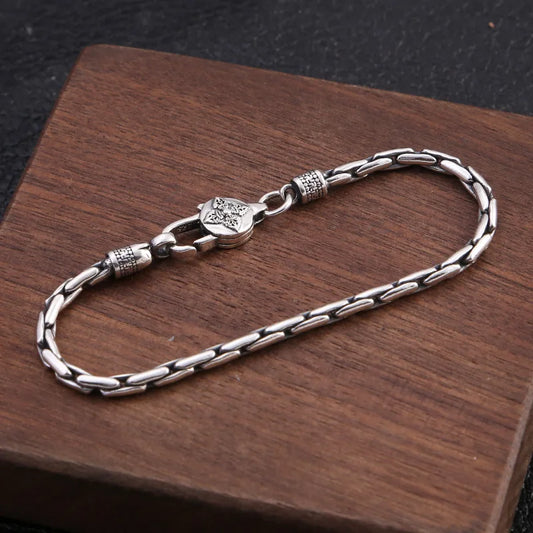 Simplicity Vintage S925 Sterling Silver Bracelet Snake Bone Chain Sculpture Petal Vajra Buckle Bracelet Jewelry Gift