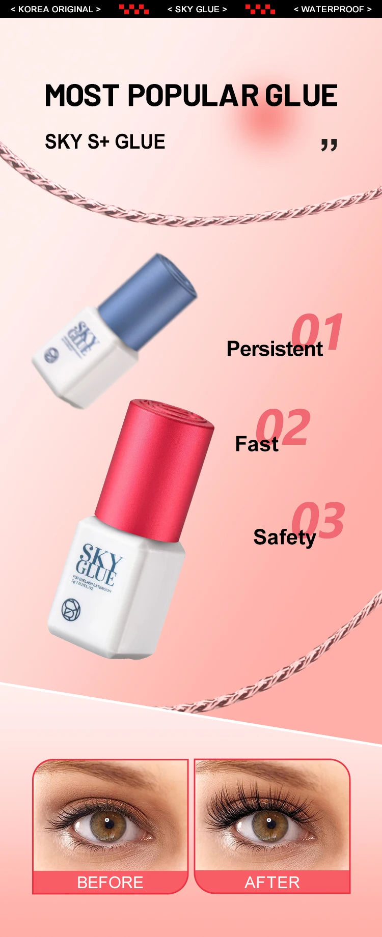 1 Bottle SKY S+ Glue for Eyelash Extensions 5ml Korea SKY Red Blue Black Cap Cola 0.5s Fast Drying Lash Glue Original Supplies