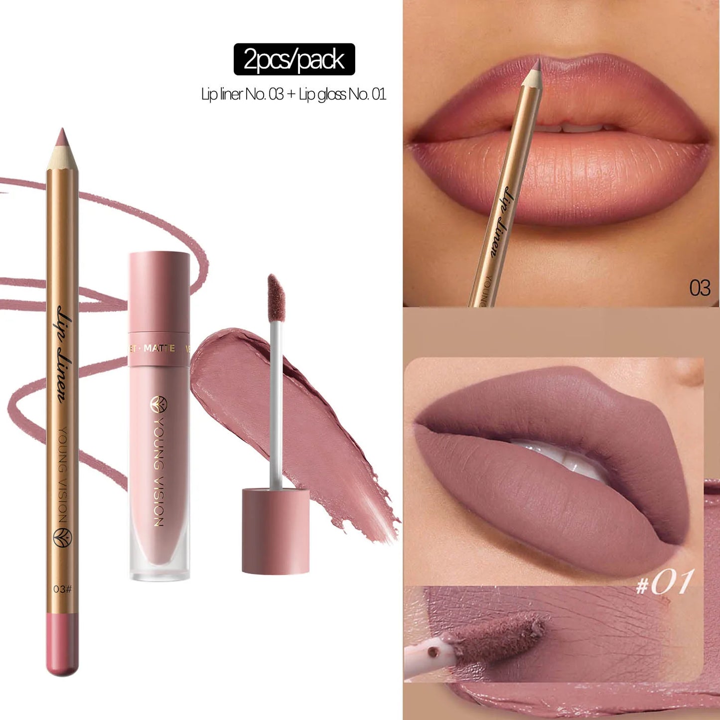 Lip Gloss and Lip Liner Set, Long-Lasting Matte Finish, Smooth and Precise Lip Liner with Non-Stick, Smudge-Proof Lip Gloss