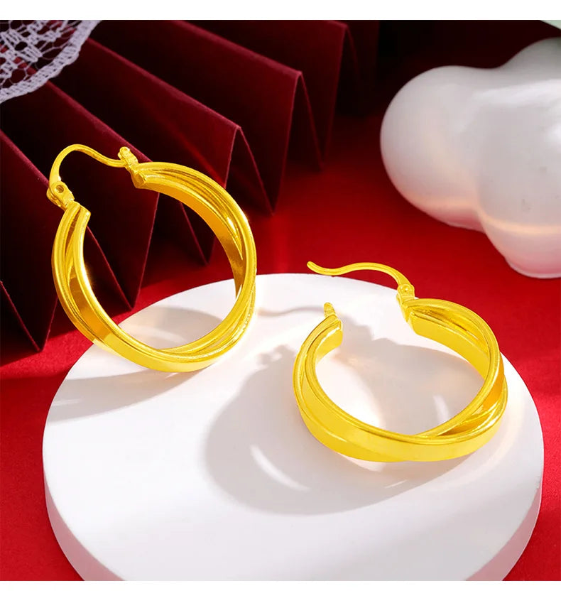 Stylish Double Hoop Earrings Women's 24K Gold AU999 - Minimalist double hoops, trendy, women's 24K gold style