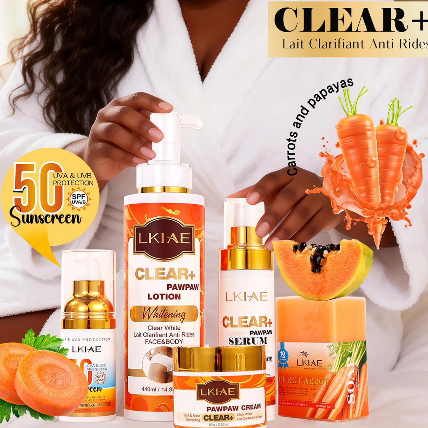 LKIAE Whitening Women Set, With Vitamin C, Natural Papaya, Carrot, Remove Dark Spots, Melanin, Skin Moisturizer, Hydrating