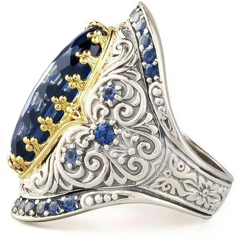 2026 Women's Bohemian Style Retro Exaggerated Texture Zircon Ring European And American Two Tone Accessory