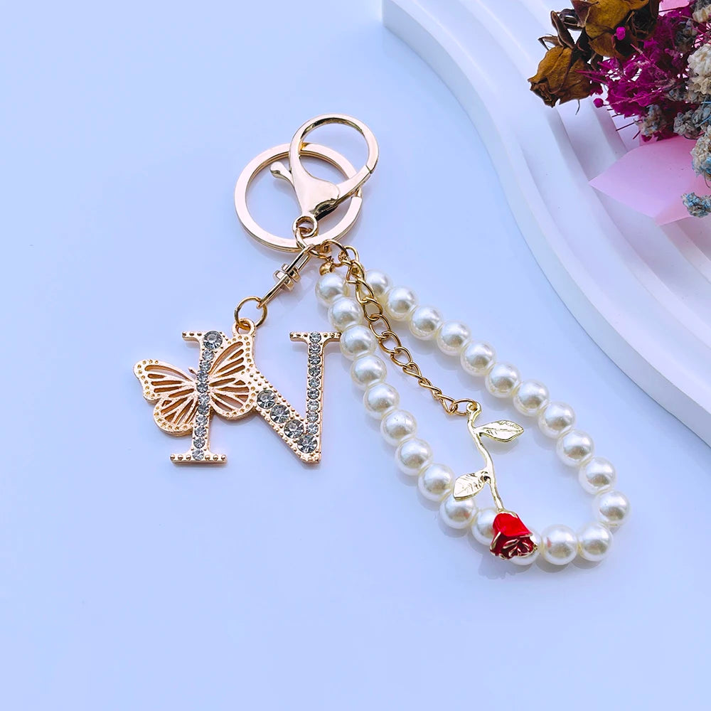 Exquisite Initial A-Z 26 Butterfly Capital Letters Red Rose Keyring Crystal Resin Pearl Beaded Keychain Bag Pendant Women Gift