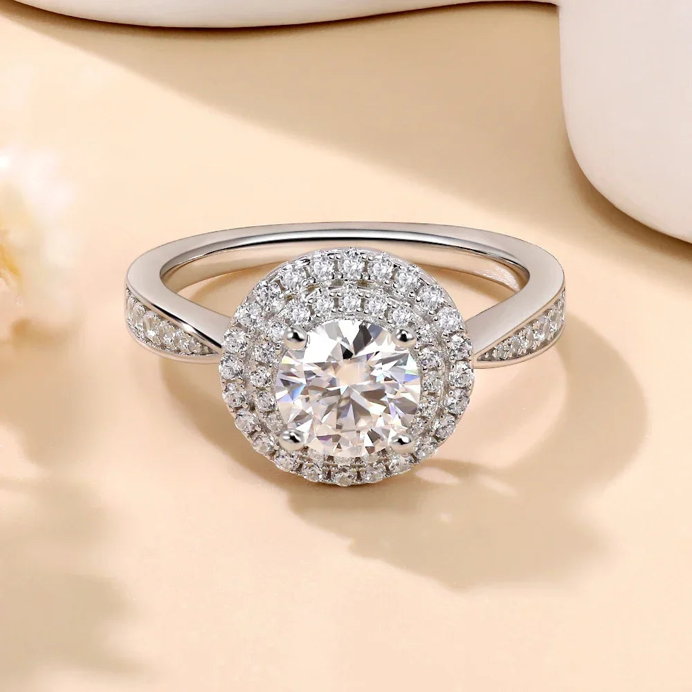 Pretty Beauty 1CT Round Moissanite Double Halo Engagement Ring for Women S925 Silver Wedding Promise Ring Anniversary Jewelry