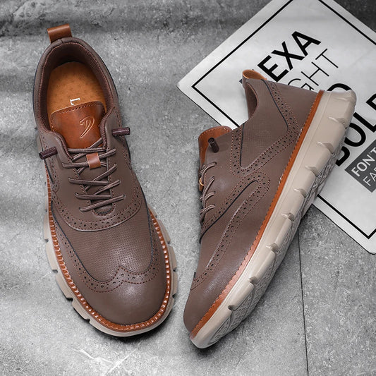 Men's Leather Casual Sneakers Brogue Shoes Stylish Oxford Shoes Brown with Brown Accents Lace-Up Big Size 50 51 52 Dropshiping