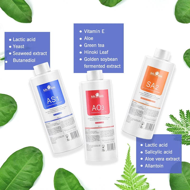 Facial Skincare Face Serum Hydro Aqua Peel Solution 400ml Kit of 3 Serums AS1 SA2 AO3 For Facial Machine Skin Deep Cleaning