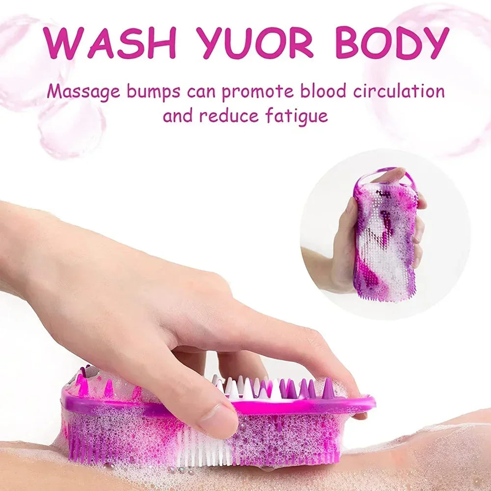 2 in 1 Silicone Shower Brush Scrubber Double-Sided Soft Silicone Scalp Massager Shampoo Body Bath Brushes Foam Skin Clean Tools
